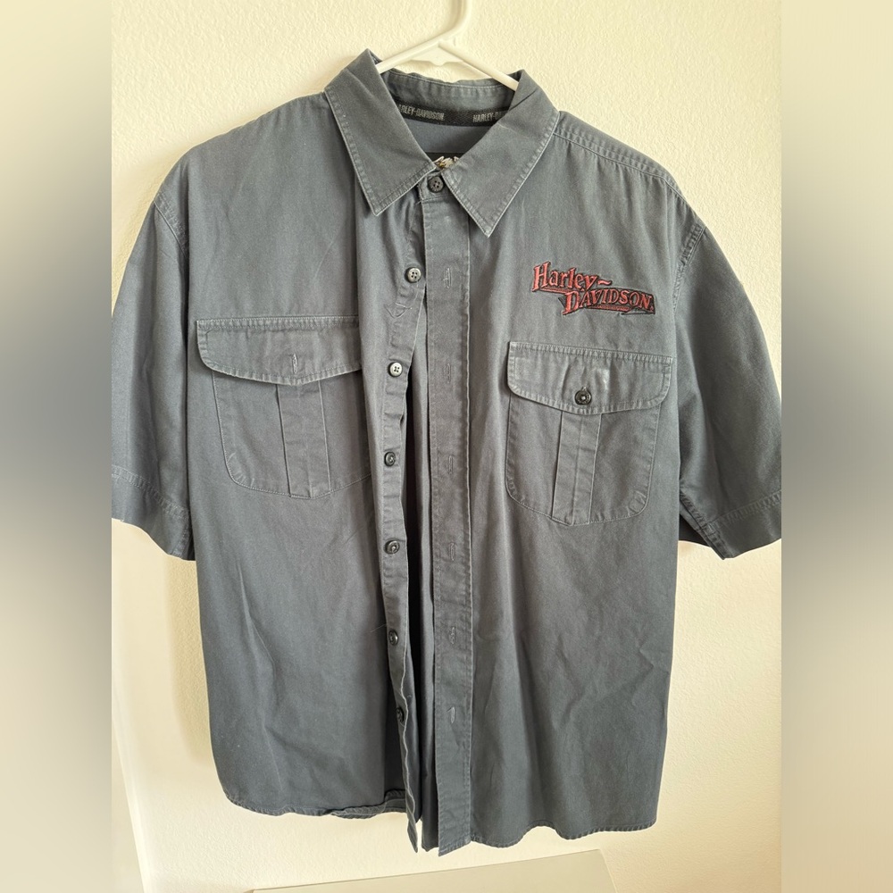 Harley Davidson Shirt Motor Clothes Button Up Sz L Gray Hog Back Motorcycles Y2K